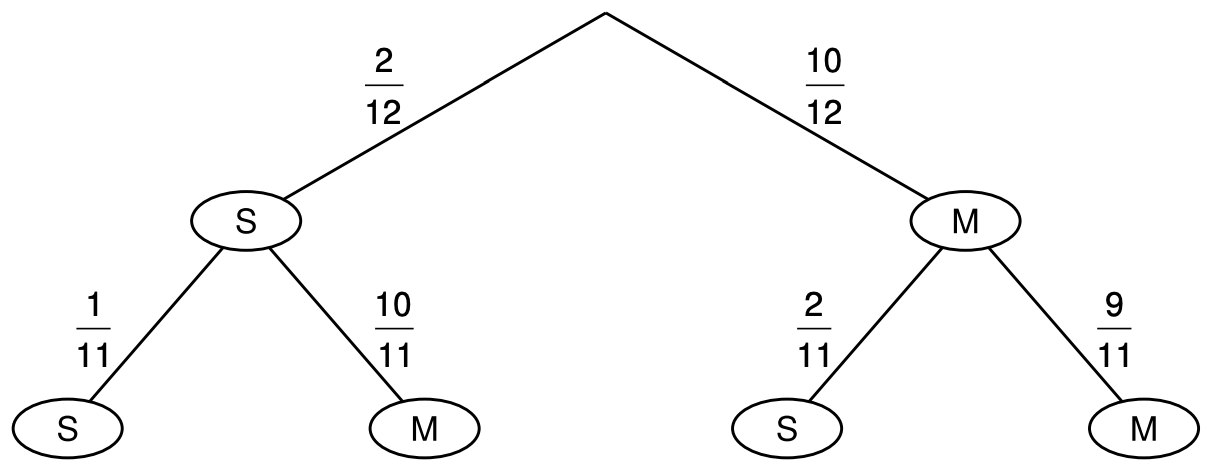 Wahrscheinlichkeitsbaum mit Knoten S und M und Bruchwahrscheinlichkeiten an den Verzweigungen